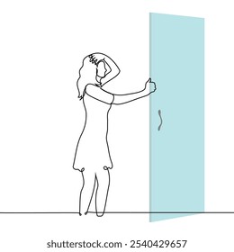 woman standing in front of open door of closet or apartment - one line art vector. concept nothing to wear, agoraphobia, disappointment with guest who came. Handmade vector not AI