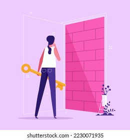 Woman standing in front of open entrance door blocked by brick wall. Concept of wrong business decision, mistake, deadlock, difficulty faced by entrepreneur, flat vector illustration