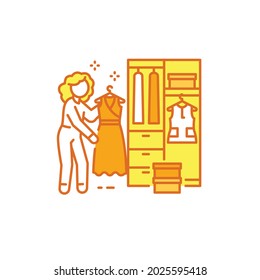 Woman standing in front of opened wardrobe with apparel hanging inside. Home leisure. Vector isolated illustration