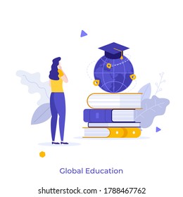 Woman Standing In Front Of Pile Of Books And Globe With Graduation Cap. Concept Of Global Education, Study Abroad, International Student Exchange Program. Modern Flat Vector Illustration For Banner.