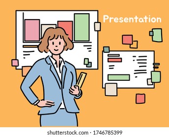 A woman is standing in front of the presentation screen. hand drawn style vector design illustrations. 