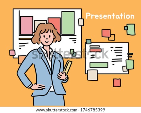 A woman is standing in front of the presentation screen. hand drawn style vector design illustrations. 