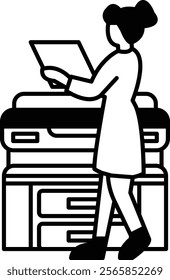 A woman is standing in front of a printer and reading a document. Concept of focus and concentration as the woman is intently reading the paper. The black and white color scheme adds a timeless