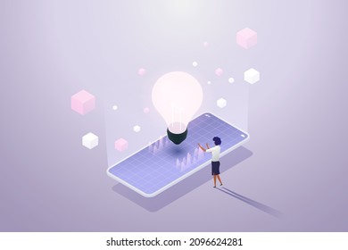 Woman standing in front of smartphone touching blockchain technology and holographic light bulbs. Future Technology Concept Blockchain Cryptocurrency isometric vector illustration.