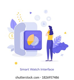 Woman standing in front of smartwatch with digital indicators on screen. Concept of electronic gadget, wearable hi-tech device, accessory. Modern flat colorful vector illustration for poster, banner.