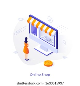 Woman standing in front of store window with awning on computer display. Concept of online shopping, internet retail, buying goods on web shop, e-commerce. Modern isometric vector illustration.