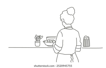 A mulher está de pé em frente a uma mesa com uma tigela de comida na frente dela. Ela está usando um avental e está preparando uma refeição. Ilustração de vetor desenhada à mão. Preto e branco.