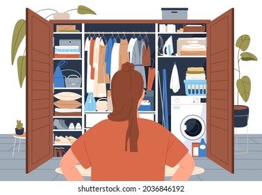 Woman Standing In Front Of Tidy Wardrobe After Decluttering. Back Of Person Looking At Open Closet With Arranged Clothes Storing. Storage Organization And Order In Cupboard. Flat Vector Illustration