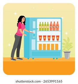 A woman standing in front of a vending machine, making a selection and buying a Snack. Office lunch concept.