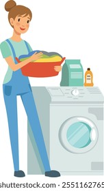 A woman is standing in front of a washing machine and dryer