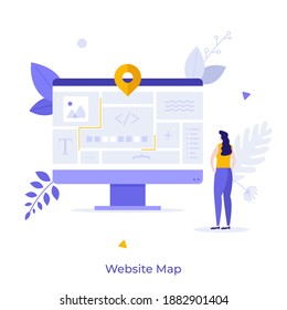 Woman standing in front of website layout on computer screen. Concept of site map, webpage structure, organization of web elements, internet page navigation. Flat vector illustration for poster,banner