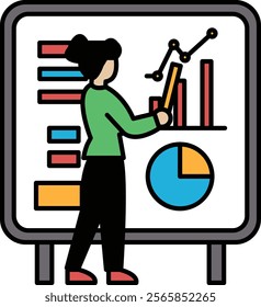 A woman is standing in front of a white board with a green shirt and black pants. She is holding a pencil and she is working on a graph or chart