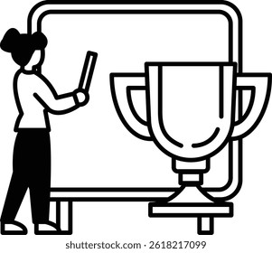 A woman is standing in front of a white board with a trophy on it