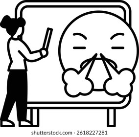 A woman is standing in front of a white board with a cartoon face on it