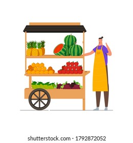 Woman Standing at Fruit Stall, Fresh Fruit for Sell, Small Business