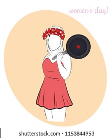 a woman is standing with a frying pan. women's Day. vector illustration.