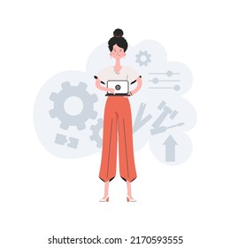 A woman is standing in full growth with a laptop. Video presentation. Element for presentations, sites. Vector illustration