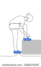 woman standing at full height ties the laces on her sneaker with her foot on a support - one line art vector. concept of tying shoelaces, leaving the house, before jogging