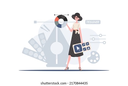 Woman standing full length holding designer panel with color wheel. Design. Element for presentation. Vector illustration