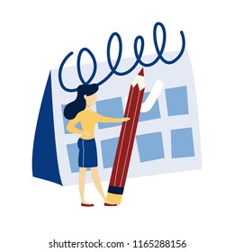 Woman standing at a giant calendar with pencil. Idea of business planning. Isolated vector illustration