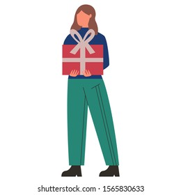 Woman standing with gift box. Winter season holidays preparation. People choosing presents isolated design element. Christmas and New Year surprise buying concept. Flat vector illustration