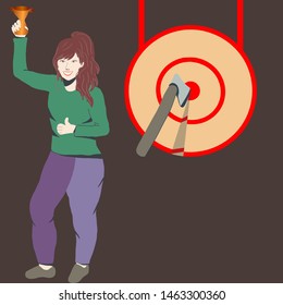 Woman standing with a gold trophy by a big target and axe on dark background. Big achievement concept.  svg