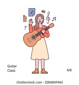 A woman is standing with a guitar and musical note icons floating around. outline simple vector illustration.