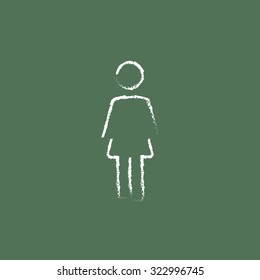 Woman standing hand drawn in chalk on a blackboard vector white icon isolated on a green background.