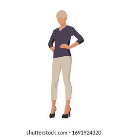 Woman standing with hand on hip, isolated geometric flat design illustration. Young woman with short blonde hair