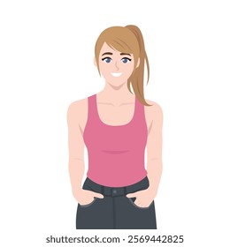 Woman standing with hands inside pocket. Flat vector character illustration