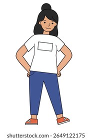 A woman standing with hands on hips, smiling confidently. Minimalist illustration of a female character for empowerment and strong concepts.