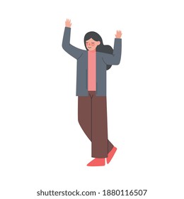 Woman Standing Hands Up, Girl Having Fun, Celebrating Success, Freedom of Choice Concept Cartoon Style Vector Illustration