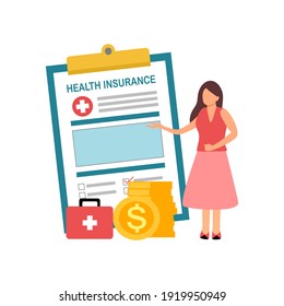 Woman standing with health insurance claim form, medical case and stack of coin in flat design on white background. Medical insurance service concept.