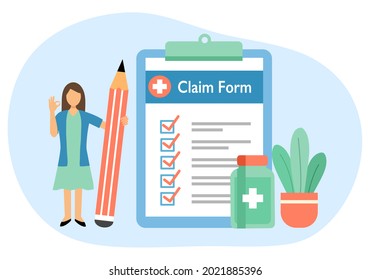 Woman standing with health insurance claim form, medicine and pencil in flat design. Medical insurance concept.