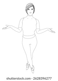 A woman is standing with her arms crossed and looking to the side. She is wearing a white shirt and black pants