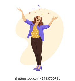 A woman is standing with her arms outstretched, surrounded by confetti. She is smiling and she is celebrating something. Vector illustration