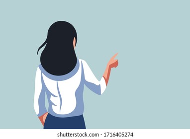 Woman standing with her back and pointing finger at something or pressing a button. Simple vector illustration on blue background