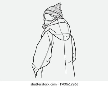 A woman standing with her back. Wear a mask. New normal. Human character on white background. Hand drawn style vector design illustrations.