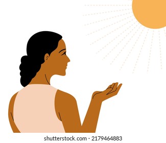 A woman standing and her hand holding something under sunshine on white background, flat vector illustration.