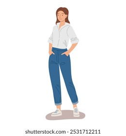 Woman standing with her hands in pockets of her jeans. Girl with comfortable clothes and shoes. Girl on vacation or walk wearing casual clothes. Flat cartoon vector isolated illustration on white