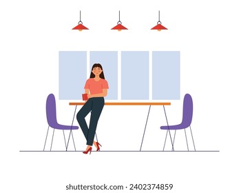 Woman standing in her workspace holding a coffee cup, working in a corporate office. Character design. Vector flat illustration