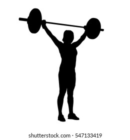 Woman standing and holding barbell over her head. Bodybuilding, weight-lifting. Vector silhouette