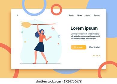 Woman standing and holding broom in hand. Household, lady, housewife flat illustration. Housekeeping and cleaning concept for banner, website design or landing web page