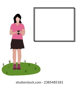 woman standing holding cellphone. colored illustration