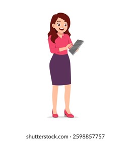 Woman Standing Holding Digital Tablet Smiling with Red Shirt and Purple Skirt