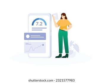a woman is standing and holding her tab looking at her marketing business graphic, next to her is a large smartphone displaying the results of her business
flat design, vector illustration