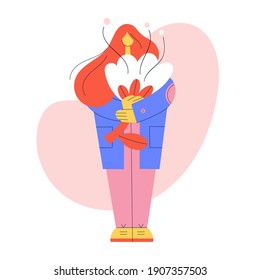 Woman standing and holding an oversized flower. Colorful female figure illustration. 