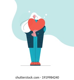 Woman standing and holding an oversized red heart. Colorful female figure illustration. Concept of love, peace and kindness. 