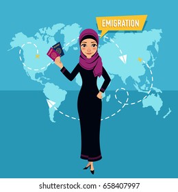 Woman is standing and holding passports in front of world map. Employee of company is engaged in emigration. Emigration concept.