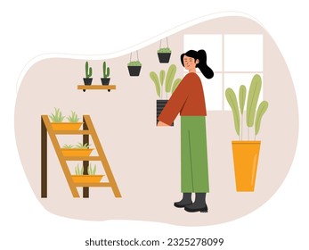 Woman standing holding potted plant in gardening room in boots, long shirt and trousers, taking care of every morning. Vector flat illustration